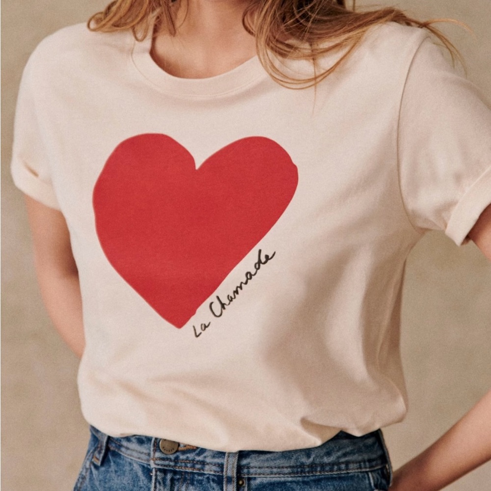 Sezane La Chamade Tee - Cream with Red Heart - Size XS